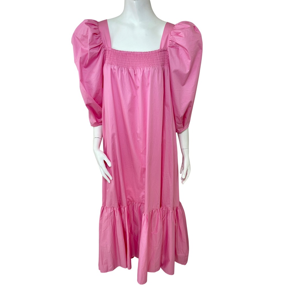 HM Pink Cotton Poplin Maxi Dress Puff Sleeve Smocked Tiered Ruffle Size Large